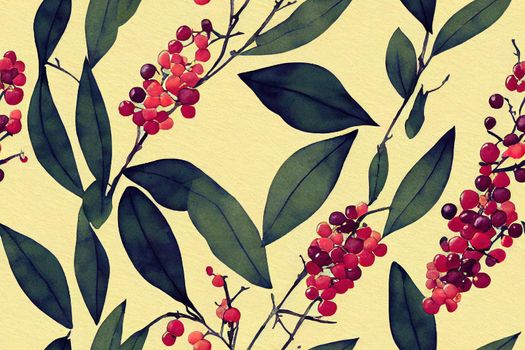 Watercolor pattern with leaves, berries and seeds. Vintage seamless pattern. Cute background for fabric, textile, wallpaper.