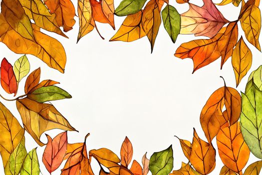 Watercolor frame of leaves and branches isolated on white background. Autumn illustration for greeting cards, wedding invitations, quote and decorations.
