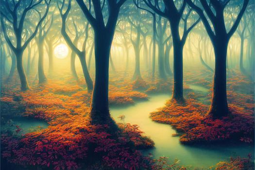 Sunrise morning inside fantasy forest painting illustration