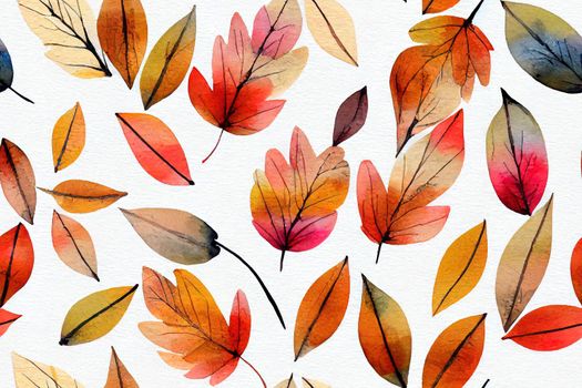 Watercolor hand painted seamless pattern with autumn leaves, rowan branches on white background. Perfect for fall or thanksgiving design. Digital Paper for wrapping, textile, scrapbook or background.