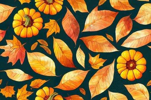 Autumn, watercolor background with ripe fruits, cornucopia, autumn flowers and leaves. Pumpkins, sunflowers, apples, pumpkin pies and other traditional autumn elements seamless pattern.
