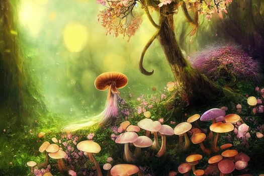 A fantasy chanterelle with flowers and a beautiful magical fairy tale enchanted forest. Artistic abstract beautiful nature. Perfect for phone wallpaper or for posters.