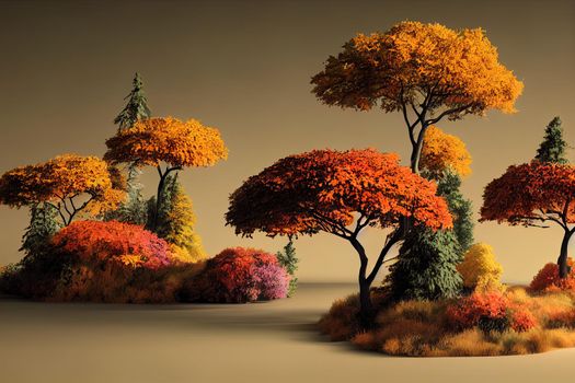 Abstract Autumn landscape scene with a podium for product display. 3D rendering.