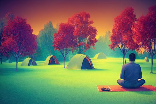 Casual young guy in headphones enjoys nature with a cup of tea in his hand sits in a red tent near the bonfire. Autumn camp on a green lawn with blue purple trees. 3d render isolated on white backdrop