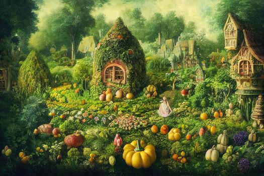 An enchanted fairy tale garden with a magic window in a fairy tale house made of vegetables, a blooming fairy tale magic meadow, a building made of zucchini and squash on a sunny summer day