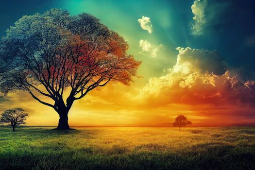 Beautiful scence of big tree with leaves at sunset sky with clouds. Fantasy landscape with free copy space. Using for background of website banner, amazing postcard. Travel concept background.