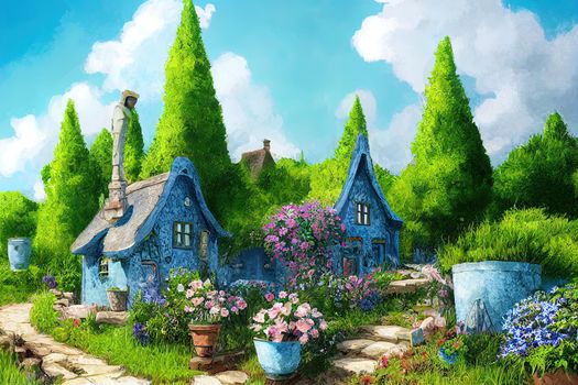 An illustration of the small medieval fantasy garden house in a town with many cute flower pots and beautiful blue sky scenery.