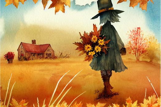 Watercolor farmhouse scarecrow illustration isolated on white. Autumn harvest American style scarecrow.Thanksgiving fall background for card, invitation, and country graphics.
