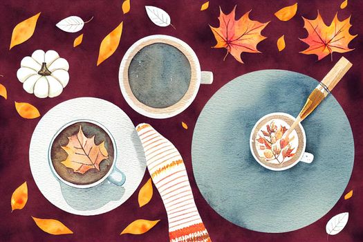 Watercolor trendy cozy autumn illustration old vintage book, knitted socks, pumpkin, autumn leaves, cotton, hydrangea, mug of cocoa. Hand drawn Hygge watercolor illustration for sticker, invitation