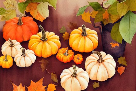 Fall themed arrangement with pumpkins, boots, books, cup of tea, autumn leaves. Watercolor hand painted illustration.