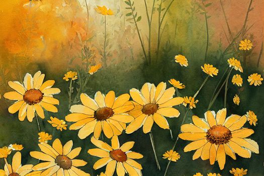 Watercolor box with golden daisy flowers, fall composition for Thanksgiving and autumn arrangement card, Farmhouse rustic garden illustration.