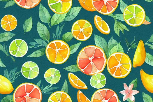 Watercolor painting, vintage seamless pattern tropical fruits, citrus, slices of lemon, orange, lime, branch,flowers,bamboo, roses branch with buds, leaves green. Fashionable stylish art background