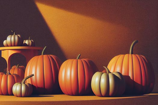 Abstract autumn landscape scene with Product stand and pumpkins. 3d rendering background.