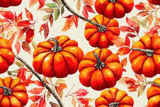 Watercolor fall seamless pattern. Hand painted red harvest truck, pumpkins, apples, autumn leaves, arrangement, wreath on white background. Colorful Thanksgiving print.