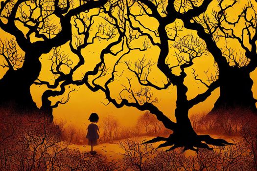 A magical golden forest with many old dry trees, in the center of the composition a little girl at an ancient magic stone reaches out to the gigantic silhouette of an owl with yellow surprised eyes.
