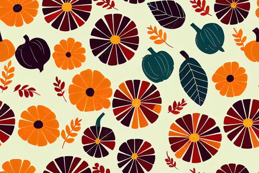 Colorful autumn harvest seamless pattern. Vintage red garden truck with pumpkins, flowers and leaf on white background. Thanksgiving day theme design.