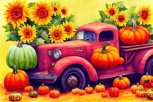 Watercolor Pumpkin Truck,Autumn Harvest Truck,Thanksgiving arrangement,Pick Up Car,Vintage Car with pumpkin and Sunflower,Fall emerald apple harvest truck.