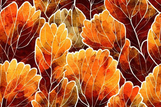 Seamless pattern with autumn trees, pumpkins, autumn leaves, autumn forest elements, harvest, autumn vibes, watercolor texture.