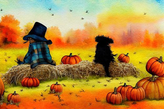 Watercolor farmhouse scarecrow illustration isolated on white. Autumn harvest American style scarecrow sitting on hay.Thanksgiving fall background for card, invitation, and country graphics.