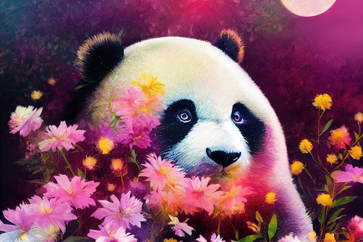 A fantasy Japanese panda in the midst of colorful flowers in a magical enchanted place. Artistic abstract beautiful animal. Perfect for phone wallpaper or for posters.