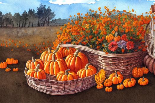 Fall harvest truck with pumpkins, mum flowers in a basket, pillows and blankets. Watercolor hand painted illustration.