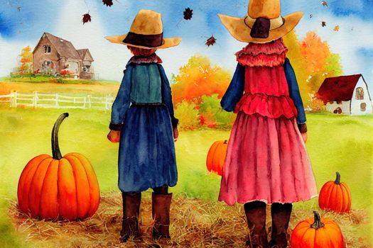 Watercolor farmhouse couple scarecrow illustration isolated on white. Autumn harvest American style girl and boy scarecrow.Thanksgiving fall background for card, invitation, and country graphics.