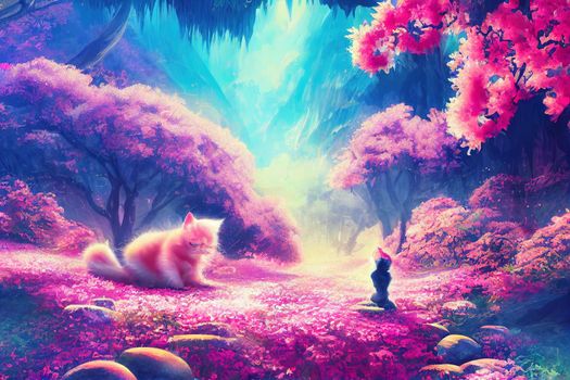 A fantasy japan kitty with flowers and a beautiful magical fairy tale enchanted forest. Artistic abstract beautiful nature. Perfect for phone wallpaper or for posters.
