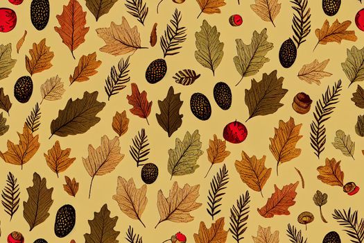seamless pattern with oak leaves, mushrooms and berries. cute autumn design for print paper or fabric