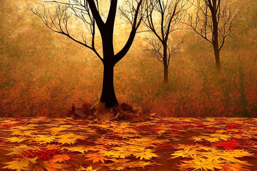 Autumn concept empty wooden podium surrounded by fallen leaves on white background 3d render