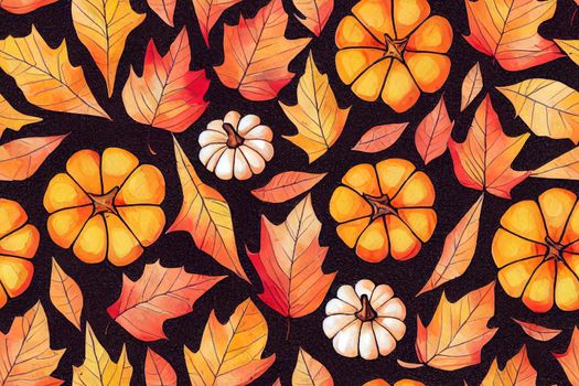 Seamless pattern with autumn trees, pumpkins, autumn leaves, autumn forest elements, harvest, autumn vibes, watercolor texture.