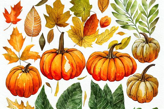 Autumn botanical frame with watercolor pumpkins, leaves, branches. Rectangle border with space for text. Hand painted fall plants illustrtaion.
