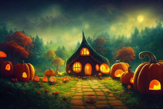 Beautiful fantasy forest, night scenery with pumpkin and mushroom fairy house. Fantasy landscape with a soft feeling with light magical effects. Perfect for a backdrop, background