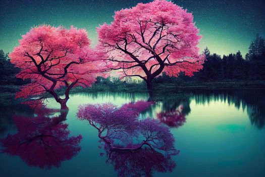 Pink tree and pond in the forest at night. Photomanipulation.