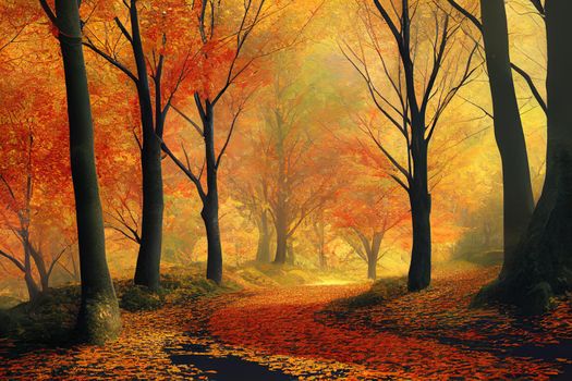 Autumn leaves of the forest road fall into the landscape on an autumn background, 3d render, Raster illustration.