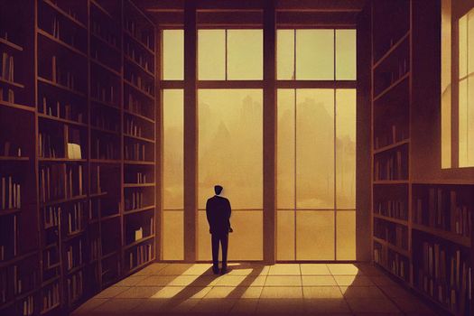 man standing in a mysterious library, digital art style, illustration painting