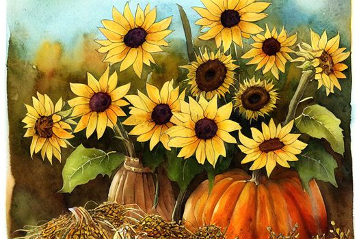 Watercolor Autumn harvest illustration with sunflowers bouquet. Fall flowers. Botanical garden. Perfect for invitations, greeting cards, posters, prints, social media