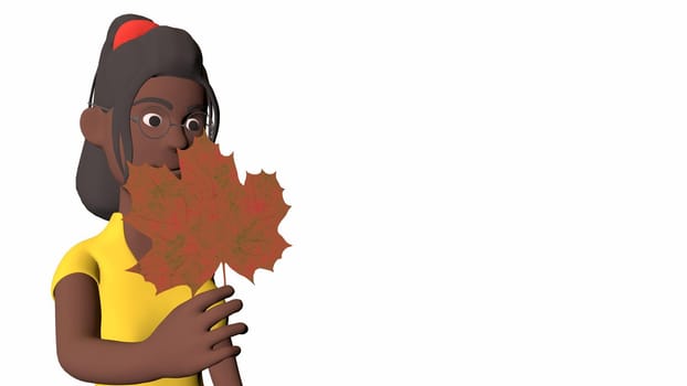 a black girl with a large maple leaf in her hands on an orange background 3d-rendering.