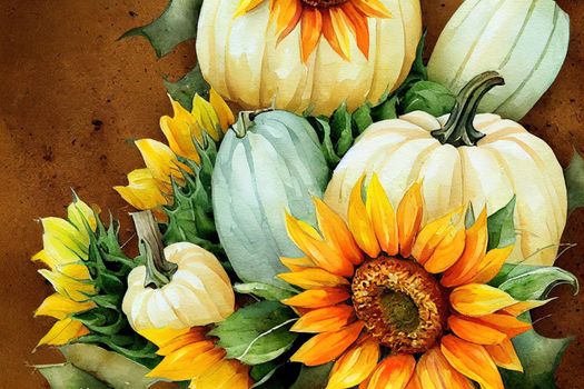Watercolor white pumpkin autumn background with sunflower bouquet,Autumn arrangement,Farmhouse rustic fall decor,harvest Thanksgiving postcard isolated on white background