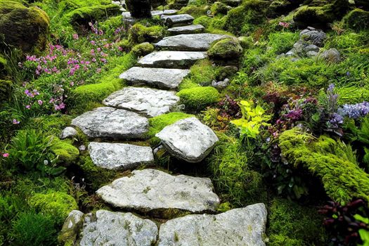 An enchanting stone staircase leads out of sight into the fairy garden meadows of Brigit's Garden in Oughterard, Ireland.