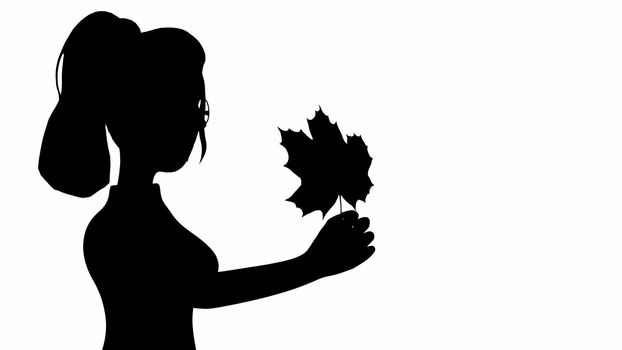 silhouette of a girl with a maple leaf in her hands on a white background 3d-rendering.