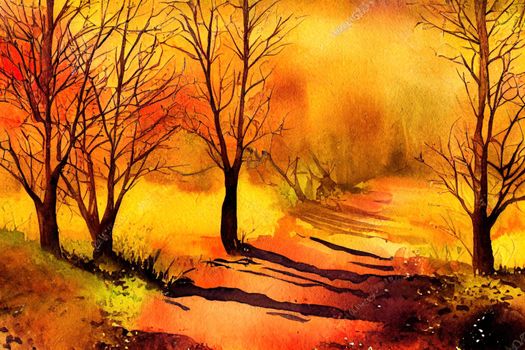 Watercolor Autumn landscape. Hand painted botanical illustration. Autumn background with yellow fields and bright trees, road. Watercolor nature. Natural background with meadows, forests