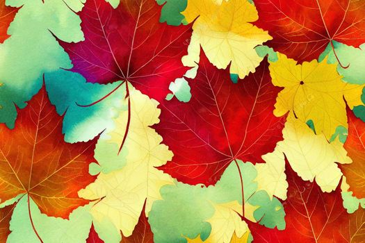 Beautiful seamless autumn pattern with watercolor colorful maple leaves. Stock illustration.