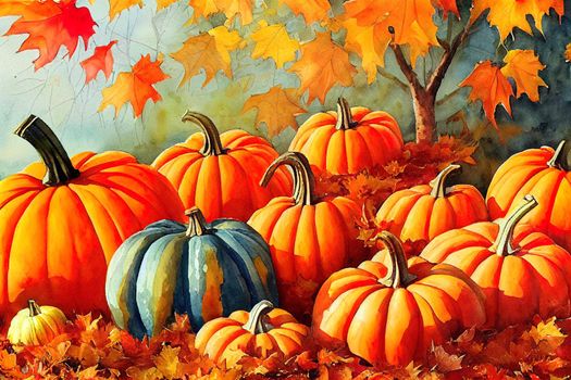 Watercolor autumn composition with pumpkins, flowers, autumn leaves