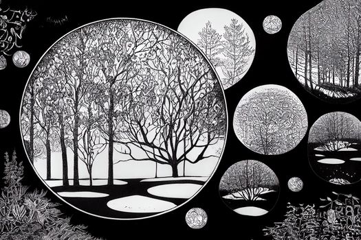 black and white drawing, round frame with a magic, fairy forest. ornament trees and herbs. background for books, postcards.