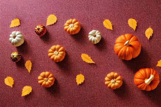 Autumn minimal concept with glitter pumpkin over orange background. Minimal abstract wallpaper concept. Flat lay. 3d render