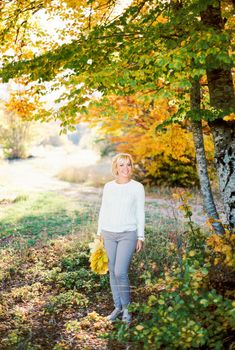 Smiling woman with a bouquet of yellow leaves stands by a tree in an autumn park. High quality photo