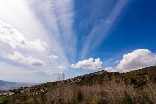 Panoramic view of Attica, as seen from the top of the mountain Penteli near Athens at Greece.