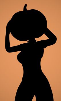 silhouette of a girl with a pumpkin on her head on an orange background 3d-rendering.