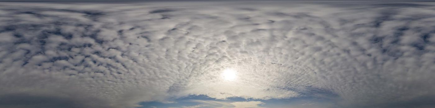 Dark blue sunset sky panorama with pink Cumulus clouds. Seamless hdr 360 pano in spherical equirectangular format. Full zenith for 3D visualization, game, sky replacement for aerial drone panoramas