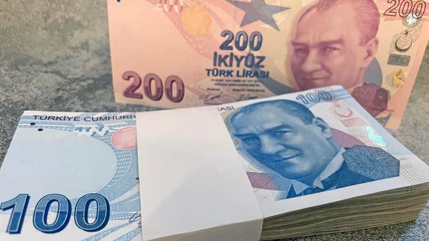 close-up Turkish lira banknotes for finance and economy